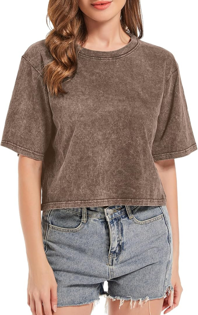 KEEVICI Cropped T Shirts for Women Vintage Baggy Solid Color Basic Tees Acid Wash Cotton Tshirt B... | Amazon (US)