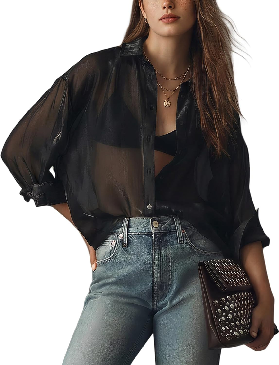 Wyeysyt Sheer Tops for Women Shiny Mesh See Through Shirt Blouse | Amazon (US)