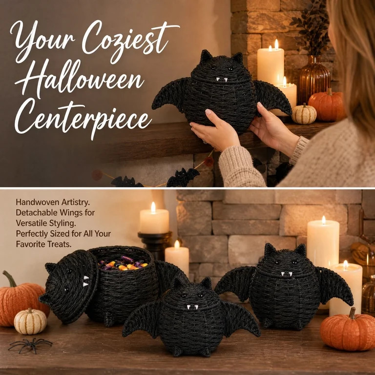 GoLucid Halloween Woven Bat Storage Basket 15.75"x10.63", Handcraft Rattan Bat Candy Bowl with Li... | Walmart (US)