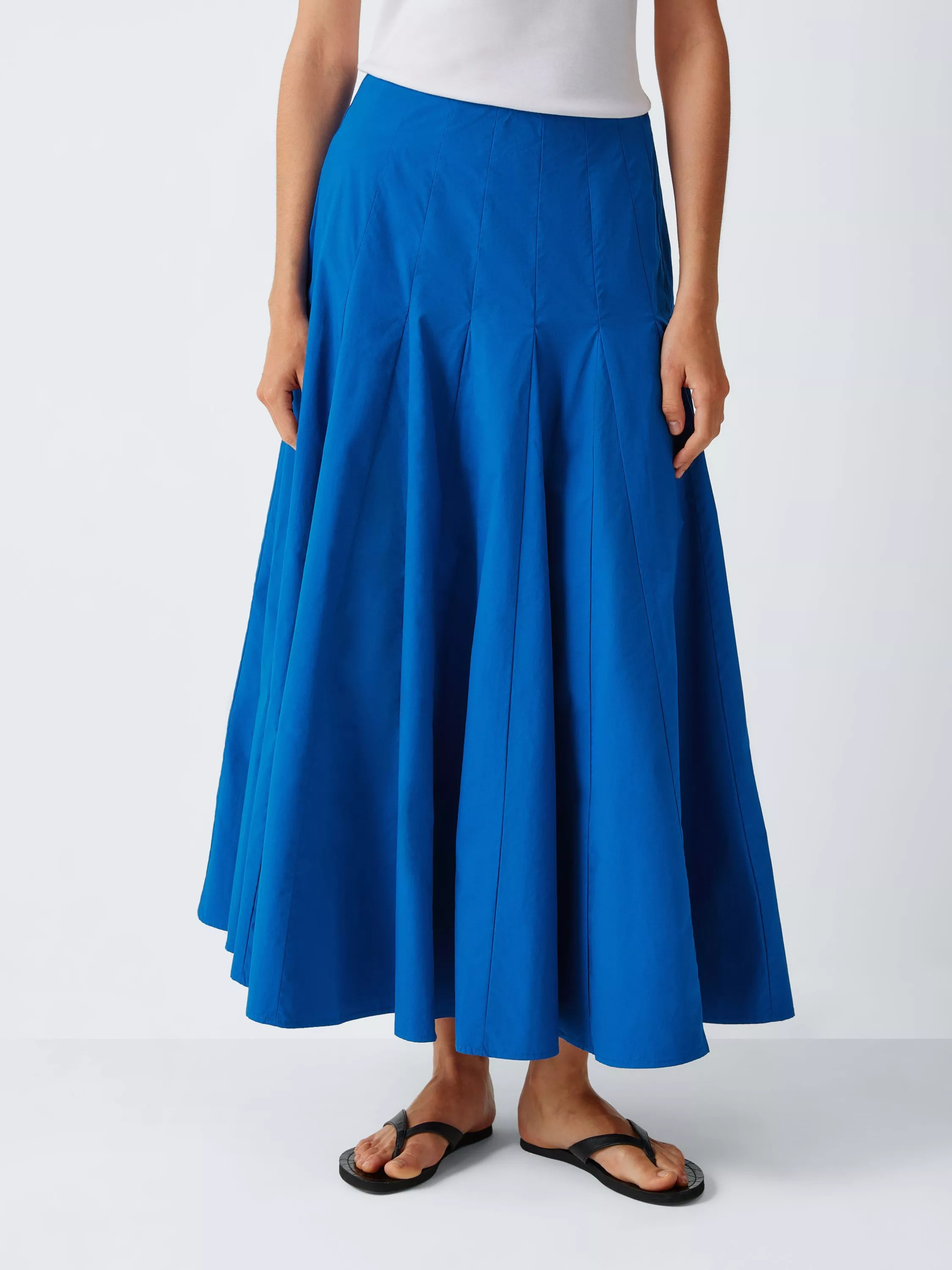 Godet Pleated Cotton Full Midi Skirt, Blue | John Lewis (UK)