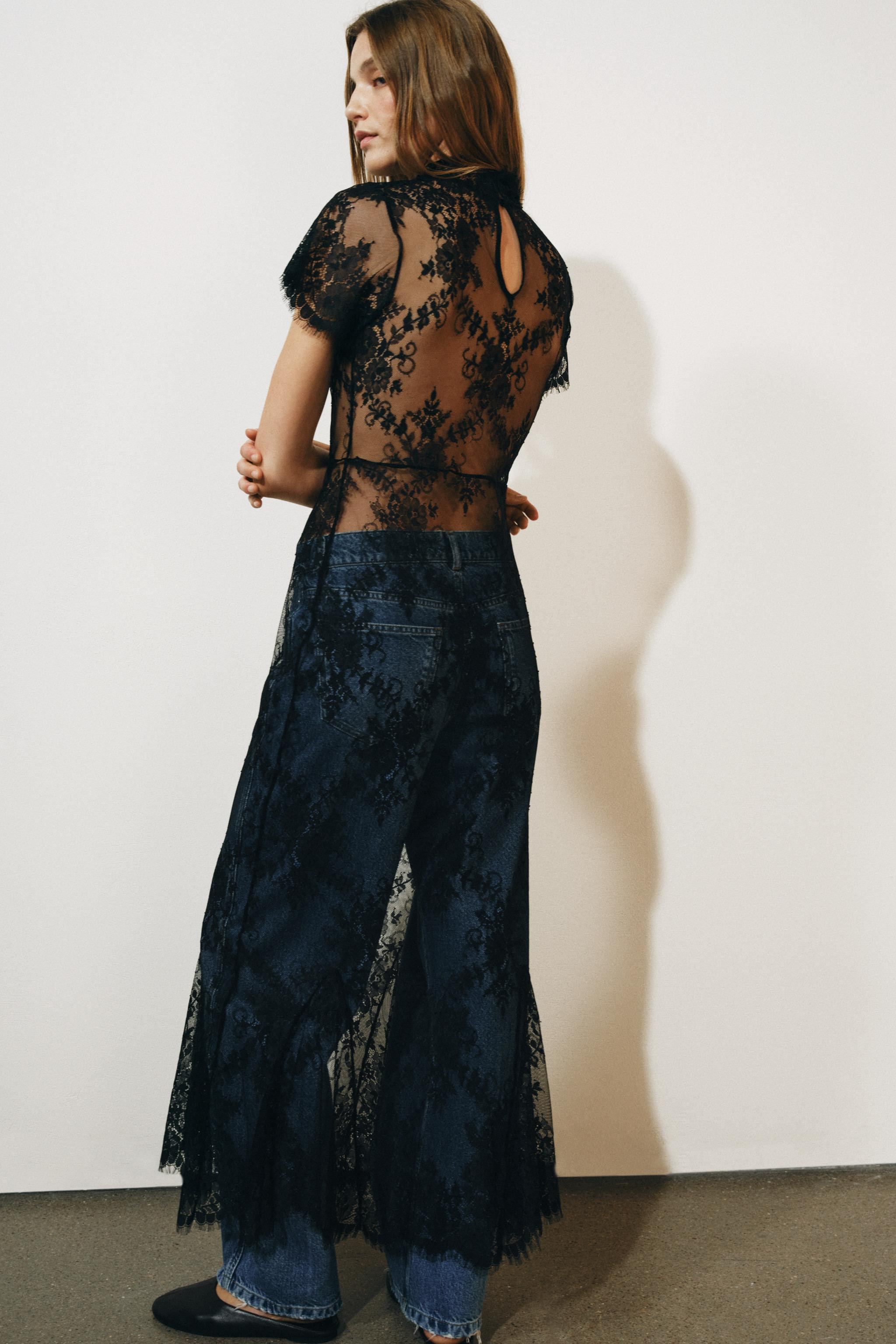ZARA WOMAN COLLECTIONLong, semi-sheer dress with a high collar and short sleeves. Finished with a... | Zara US