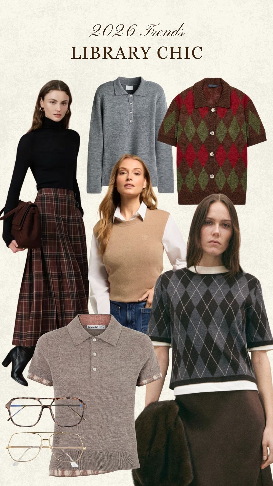 Library chic trend for 2026 📚 Argyle knitwear, tartan skirt, oversized glasses. Polo shirt top, on trend chic style. Effortless, everyday looks. 

#LTKmodest #LTKeurope #LTKwinter
