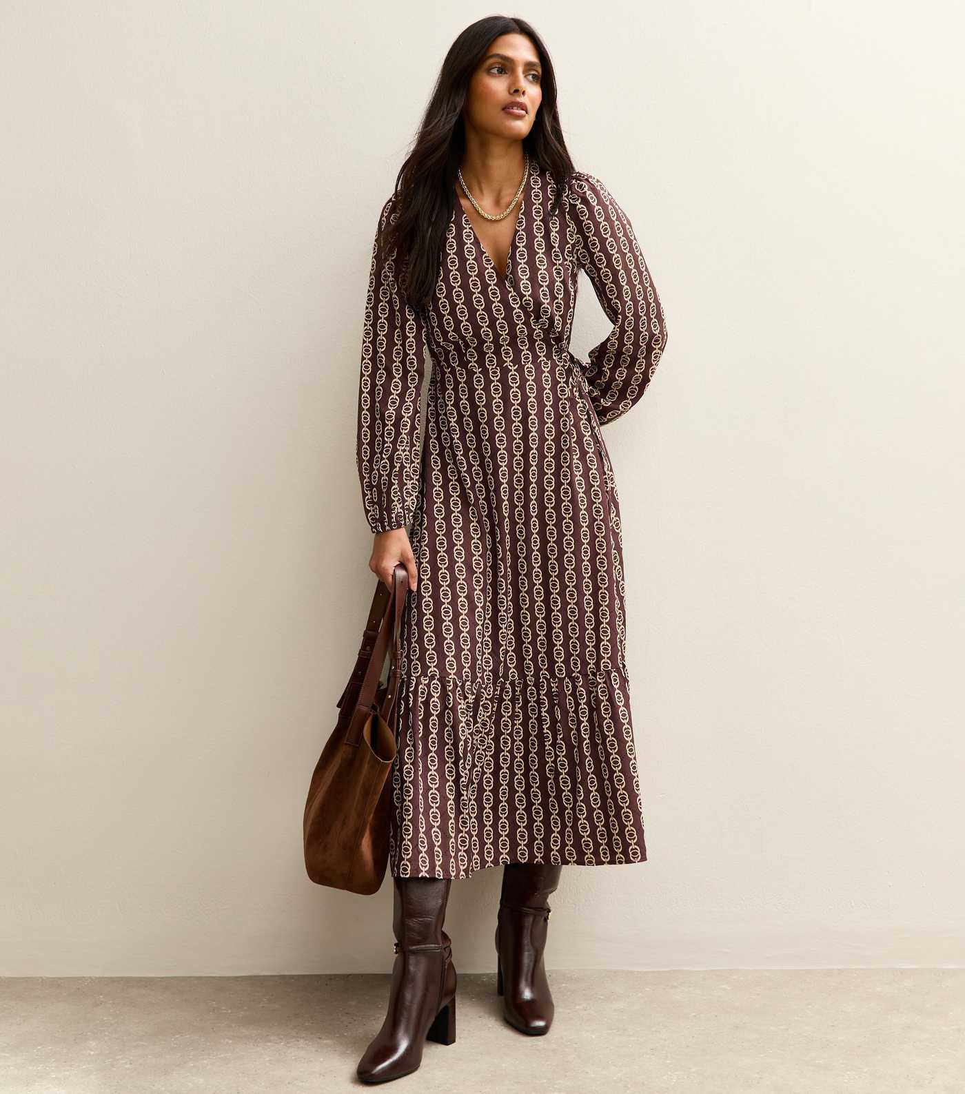 Brown Geometric Print Tiered Midi Wrap Dress | New Look | New Look (UK)