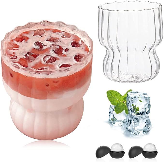 Peyan Ribbed Glass Cups,2 Pcs 9 Oz Origami Style Glass Cups with 2 Ice Ball Molds,Vertical Stripe... | Amazon (US)