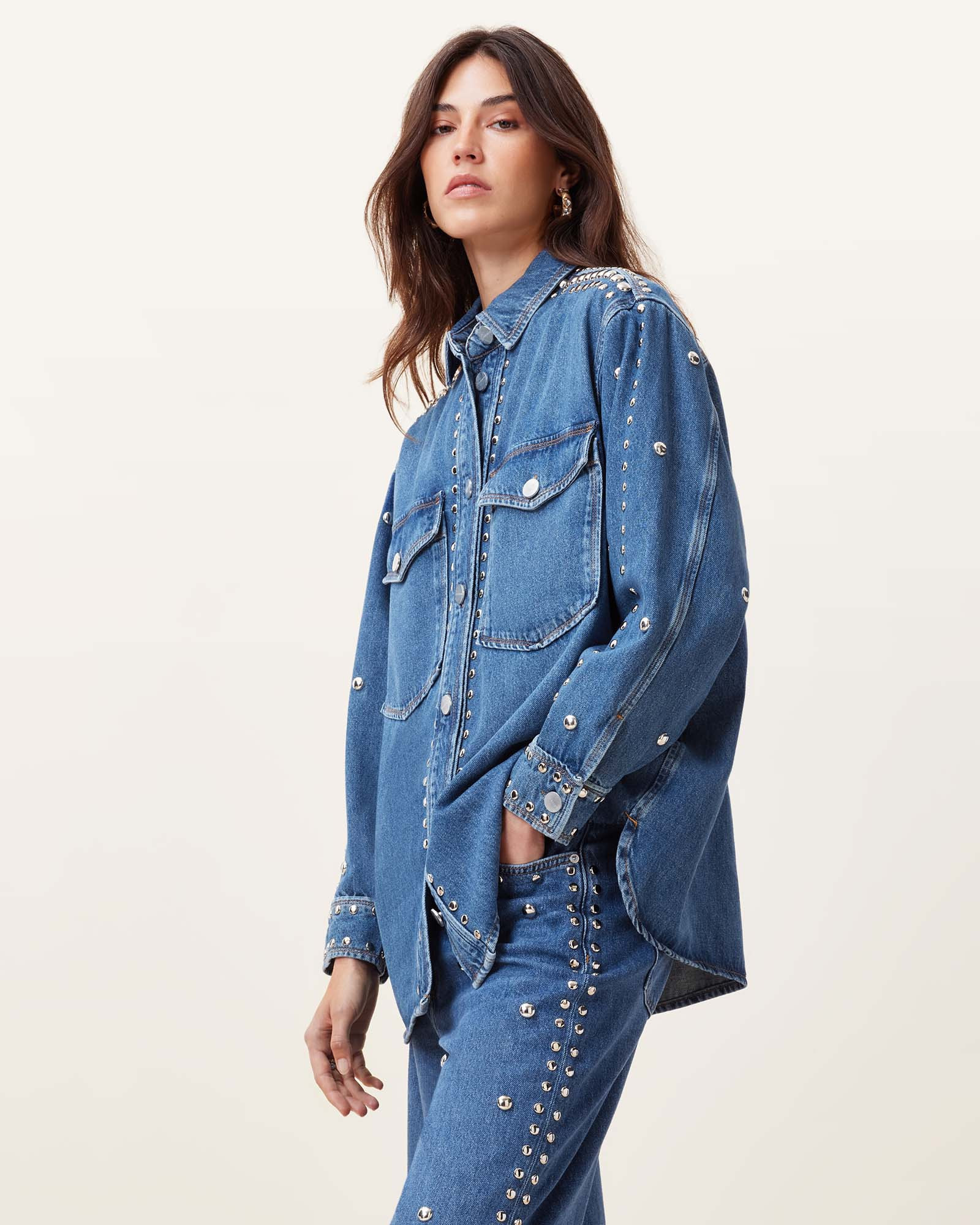 AllSaints Alba Studded Oversized Denim Shirt | AllSaints UK