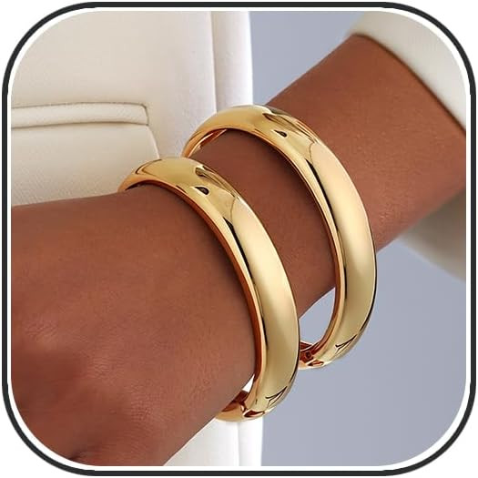 2pcs Gold Bangle Bracelets for Women, Trendy Hinged Cuff Open Wide Chunky Gold Bracelet Stack Arm... | Amazon (US)