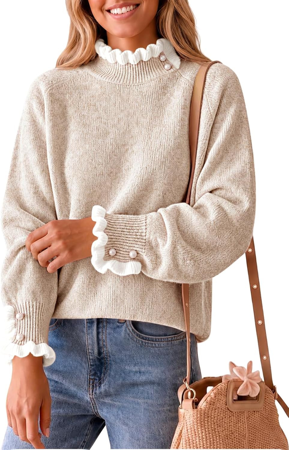 Saodimallsu Womens Mock Neck Ruffle Sweater Tops Pearl Knit Pullovers | Amazon (US)