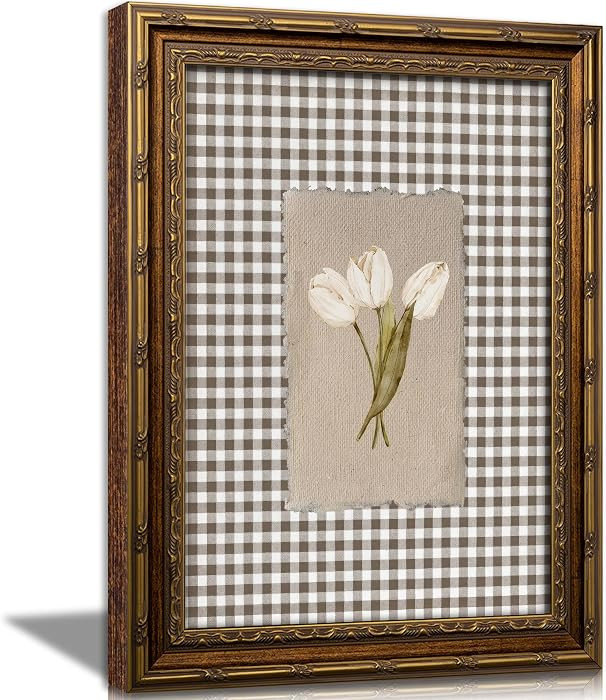 RLZIEWPT Vintage Gold Framed Wall Art, Cottagecore White Tulip Flowers Picture Wall Decor, Brown ... | Amazon (US)
