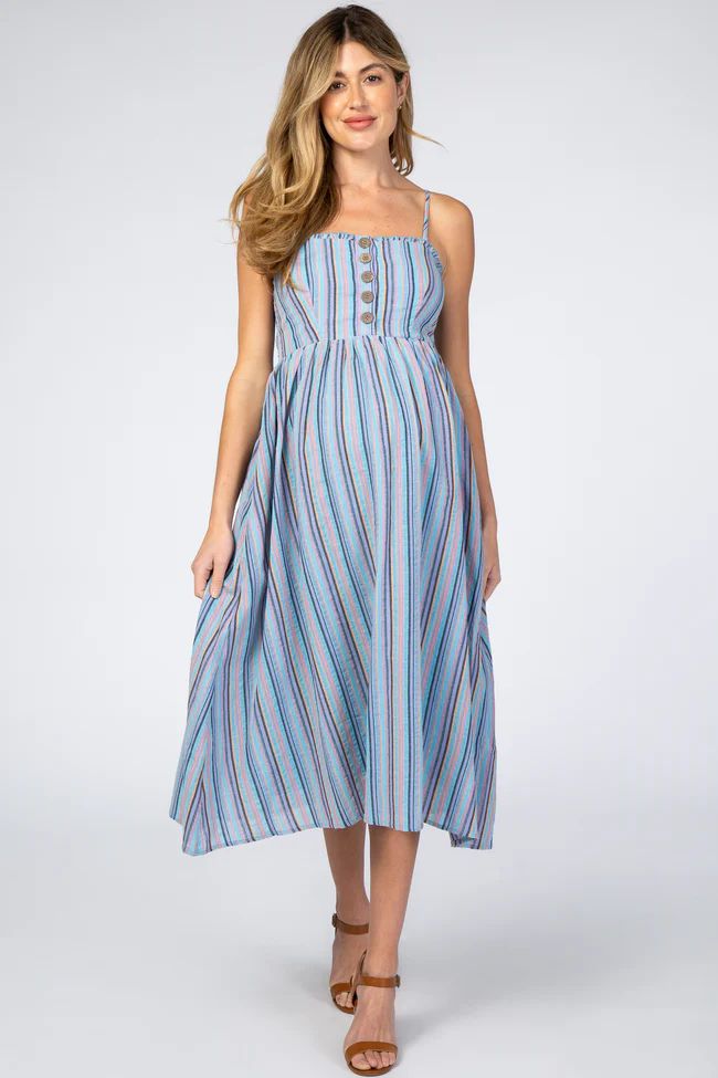 Blue Purple Striped Button Front Maternity Midi Dress | PinkBlush Maternity