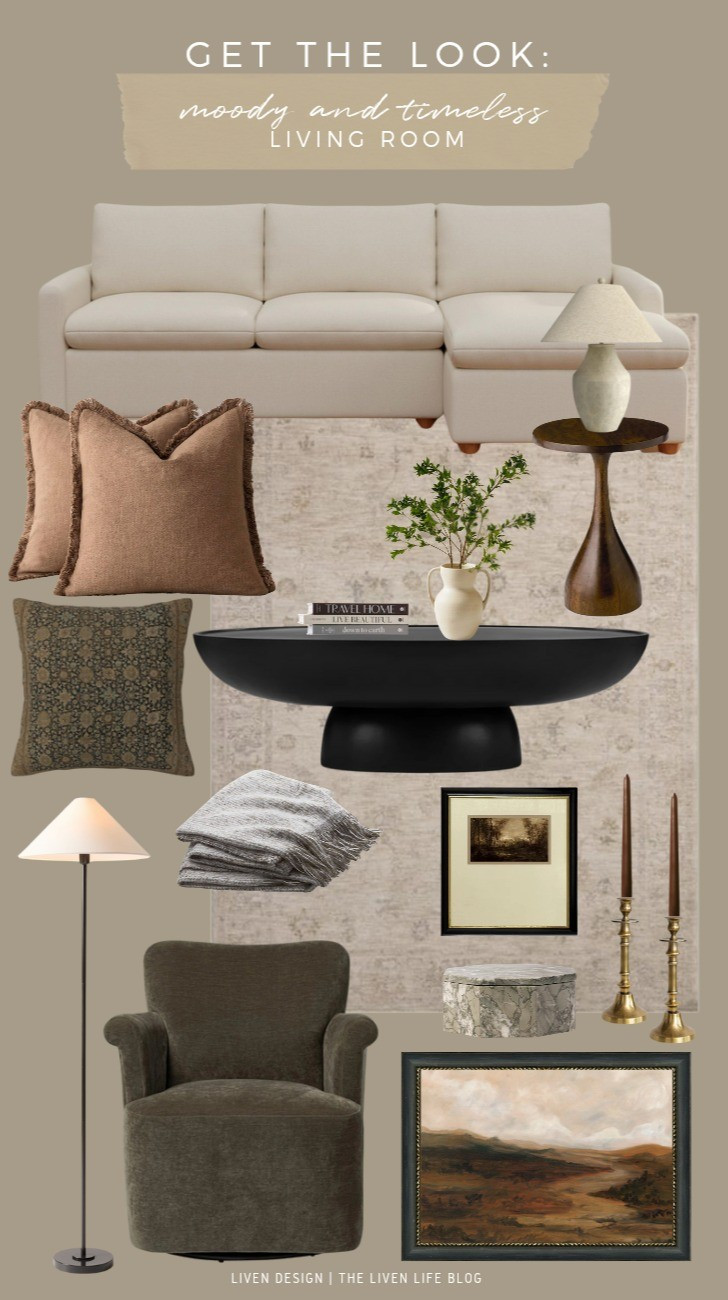 Moody timeless living room. Home decor. Black coffee table. Sofa. Modern side table. Moody art. Amazon pillows. Neutral vintage rug. Vase. Neutral decor 

#LTKSeasonal #LTKHome #LTKSaleAlert