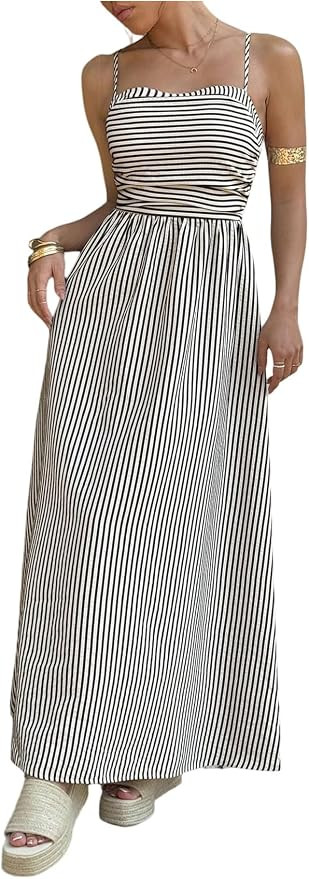 Milumia Women's Striped Maxi Dress Spaghetti Strap Ruched Smocked Back Summer Casual Dresses     ... | Amazon (US)