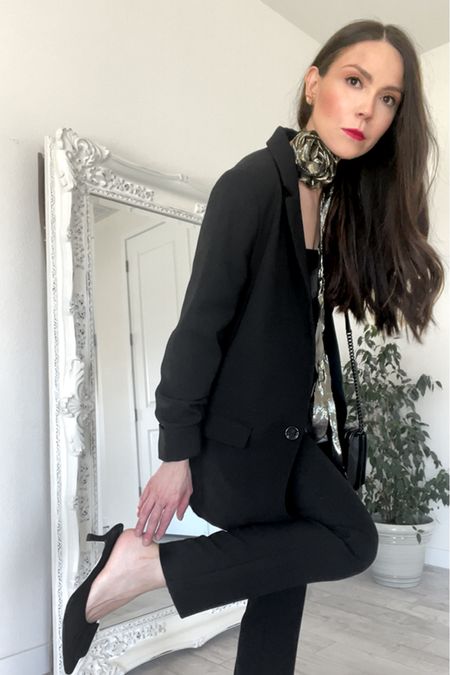 My take on the Date night black suit for women 🖤🍷

Black blazer, women’s black pants, black pointy shoes like Manolo, pointy black shoes, suede pointy black shoes, cute flower on neck scarf, flower scarf, black crop top, black handbag, all black outfit, date night outfit

#LTKFind 
#competition 

#LTKFind #LTKstyletip #LTKunder100