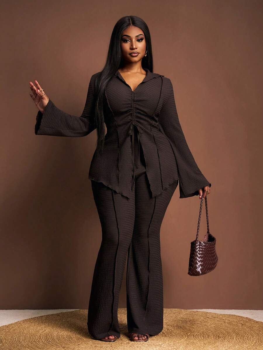 Veslaya Plus Size Women Chocolate Brown Autumn Elegant Festa 2 Piece Set,Collared Tie-Front Flare... | SHEIN