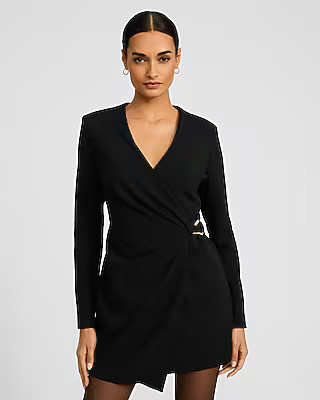 V-Neck Long Sleeve Hardware Wrap Mini Blazer Dress | Express
