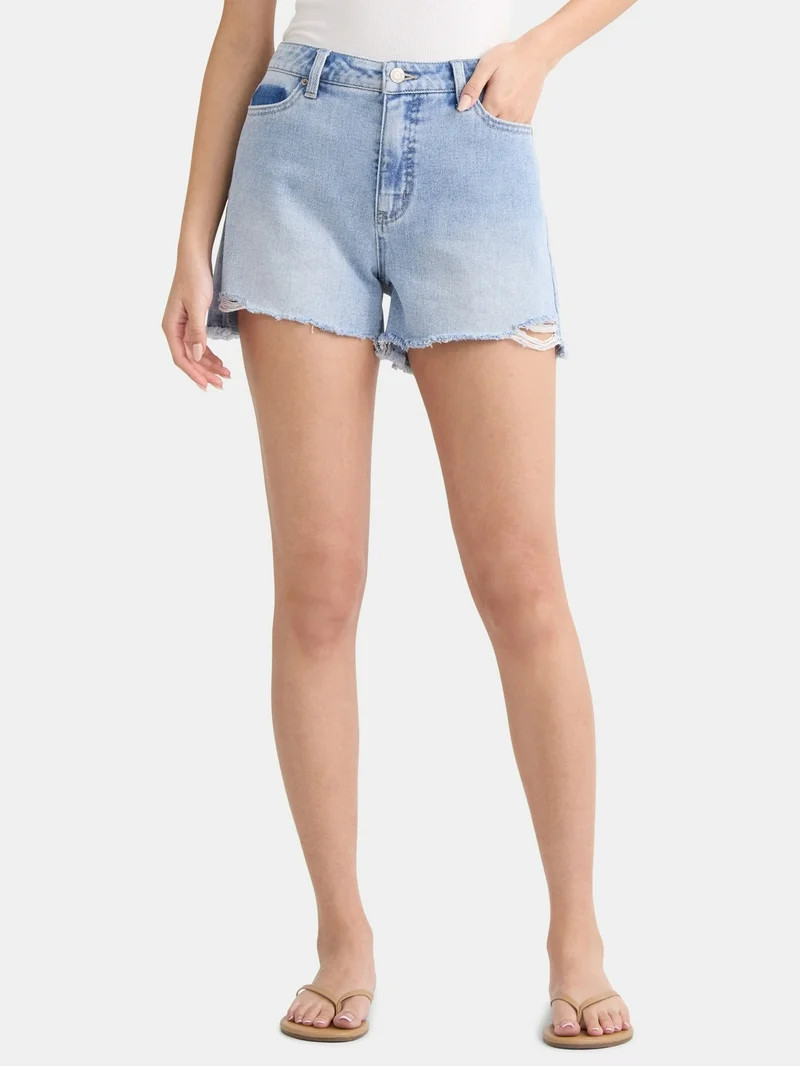 Time and Tru Women's Destructed Hem High Rise Denim Shorts, 4" Inseam, Sizes 0-20 | Walmart (US)