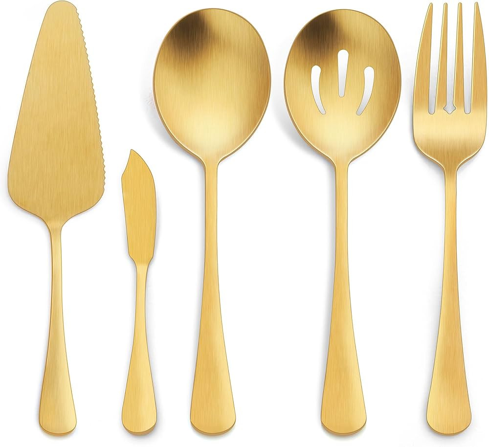 LIANYU 5-Piece Matte Gold Serving Utensils Set, Stainless Steel Serving Set Include Serving Spoon... | Amazon (US)
