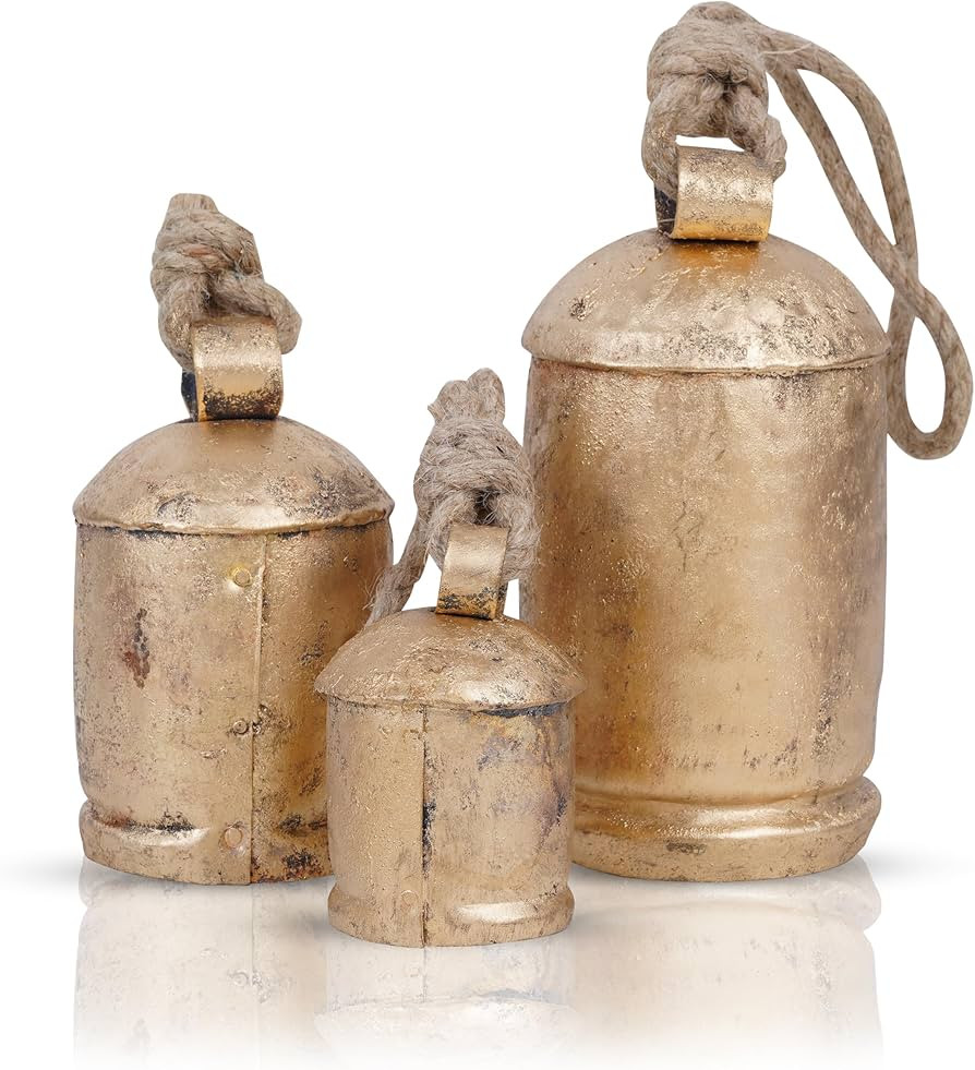 3 Pc Giant Harmony Cow Bells Rustic Handmade Decorative Vintage Hanging Bells with Jute Rope (Gol... | Amazon (US)
