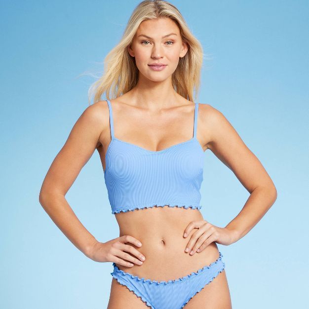 Women's Lightly Lined Longline Ribbed Bikini Top - Shade & Shore™ Light Blue | Target