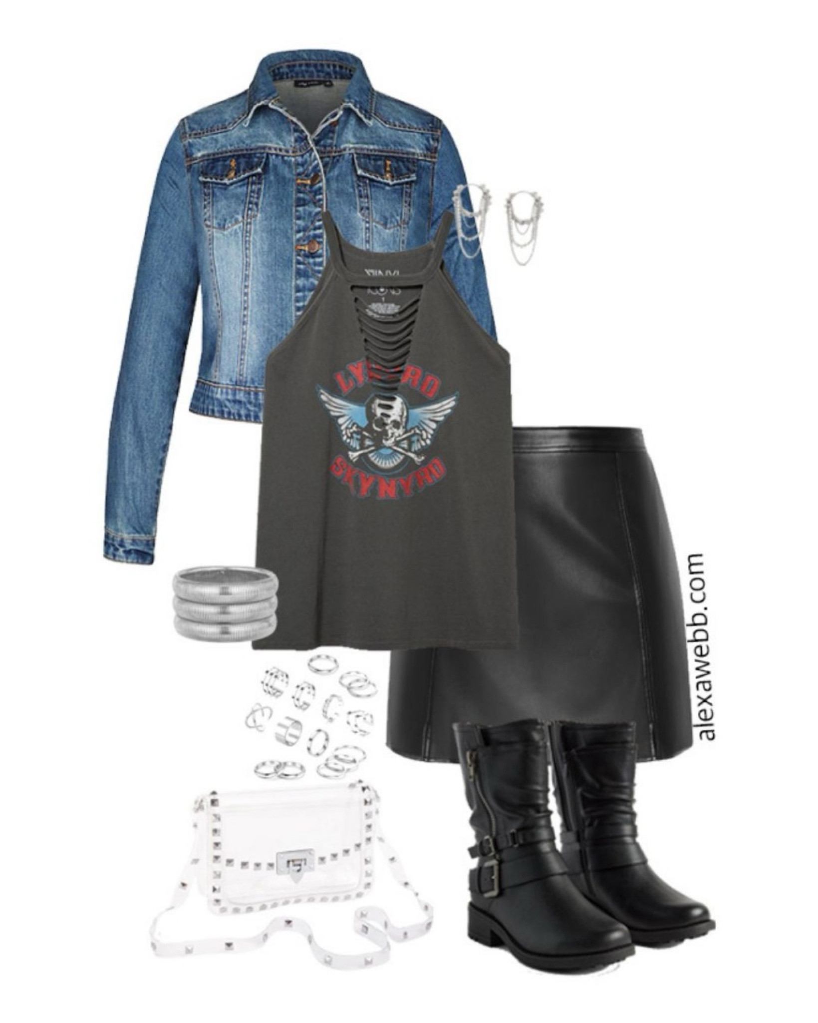 Plus Size Fall Concert Outfits - A plus size rock n' roll outfit idea with a faux leather skirt, graphic tank top, denim jacket and wide calf moto boots. Alexa Webb #plussize

#LTKPlusSize #LTKParties #LTKStyleTip