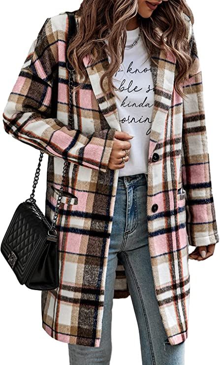 PRETTYGARDEN Women's 2023 Plaid Shacket Jacket Casual Button Wool Blend Winter Tartan Trench Coat... | Amazon (US)