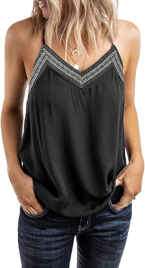 BLENCOT Women's V Neck Strappy Embroidery Tank Tops Loose Casual Sleeveless Shirts Blouses | Amazon (US)