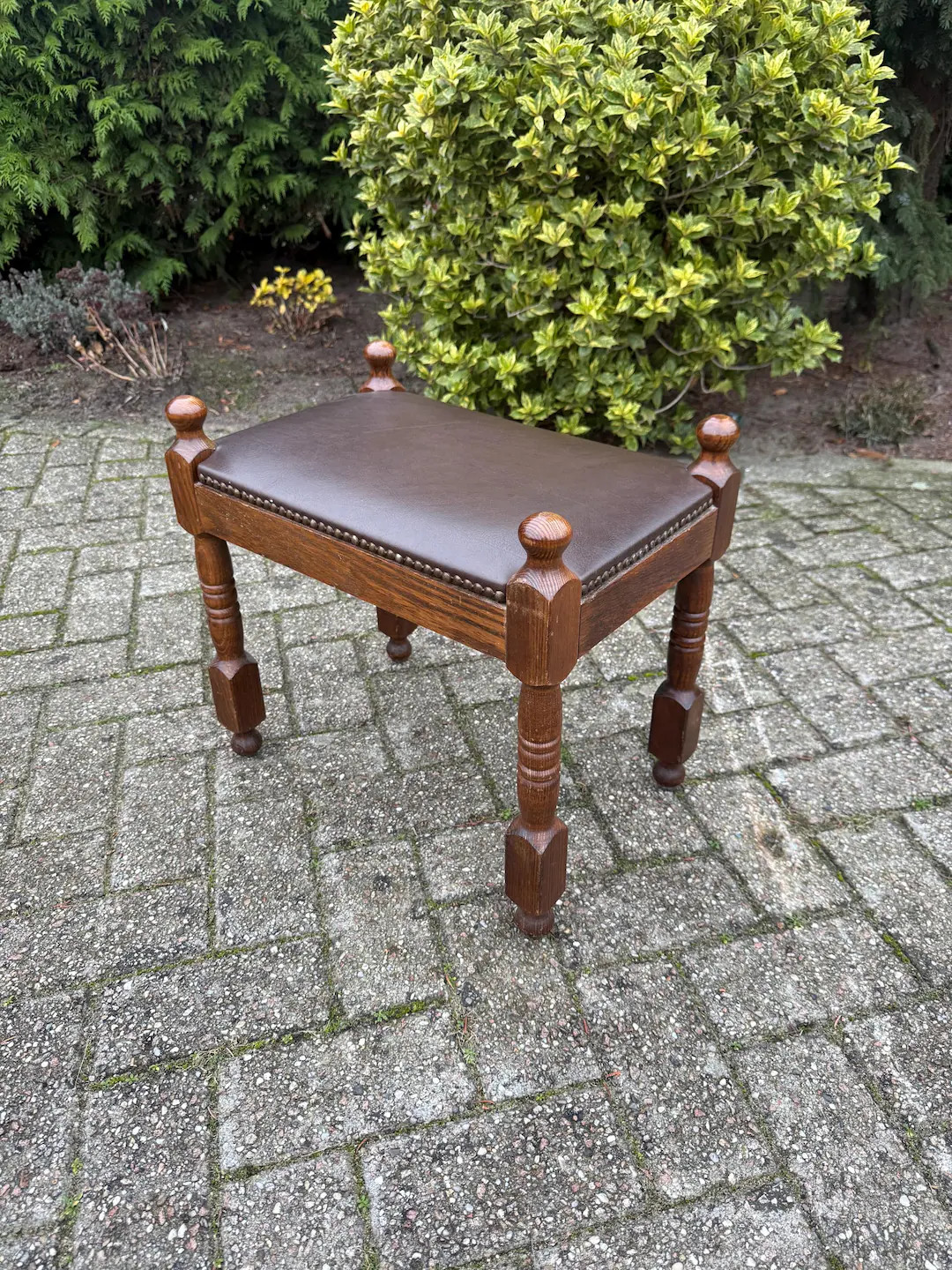 Vintage Wooden Footrest Stool, Mid Century Leather Hocker, Turned Wood Legs Ottoman, Classic Brow... | Etsy (Global)