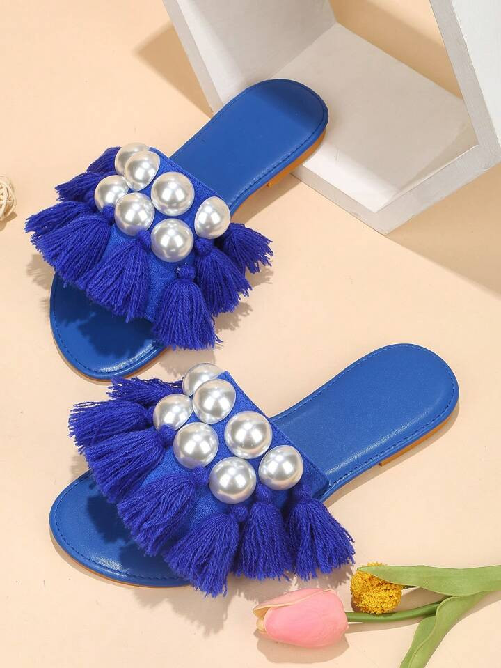 Fashionable Pearl & Fur Slides Sandals With Flat Sole (Hollow Out Design) | SHEIN