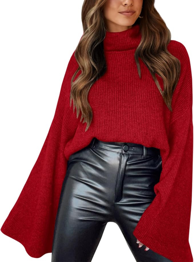BTFBM Women's Turtleneck Pullover Sweaters 2023 Fall Winter Bell Long Sleeve Slouchy Oversized Ri... | Amazon (US)