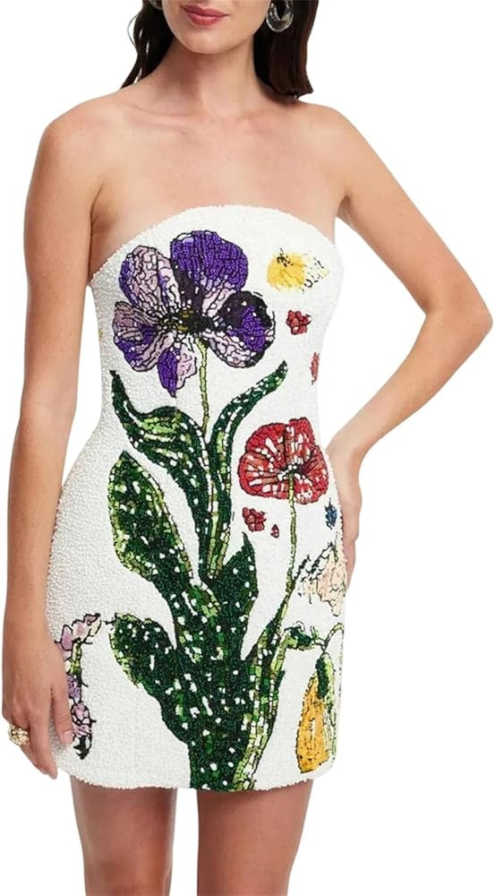 Women’S Color Block Printed Slim Fit Strapless Sleeveless Tunic Elegant Mini Dress | Amazon (US)