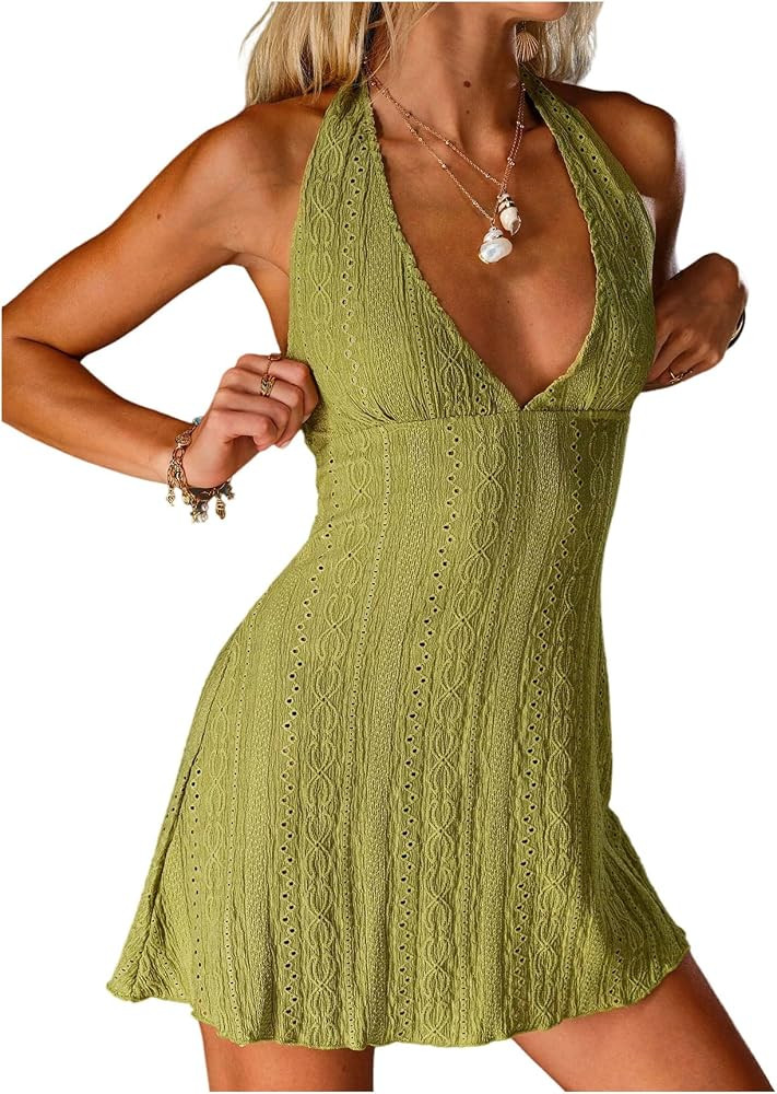 SOLY HUX Women's Deep V Neck Halter Mini Dress Sleeveless Open Back A Line Beach Summer Dresses | Amazon (US)