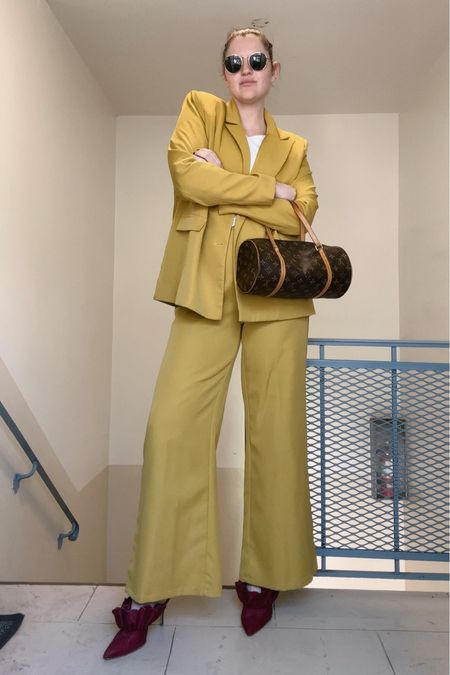 mustard yellow matching set women, suit and blazer co-od, fall / winter, Louis Vuitton Papillon Handbag Monogram Canvas 30, designer bag, rayban round sunglasses, gold jewelry from Amazon (hoop earrings, rings), Brother Vellies Stell Satin Mules, asos New Look long sleeve lettuce edge T-shirt in white

#LTKfindsunder100 #LTKfindsunder50 #LTKstyletip