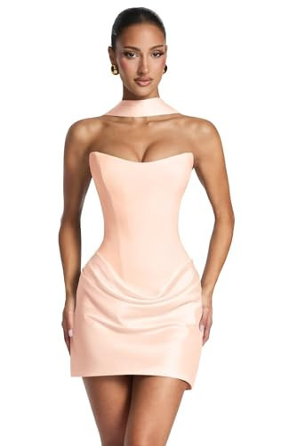 Tianzhihe Peach Homecoming Dresses for Women with Scarf Short Pleated Corset Satin Strapless Tight HOCO Dress Mini Cocktail Party Gowns Size4 | Amazon (US)