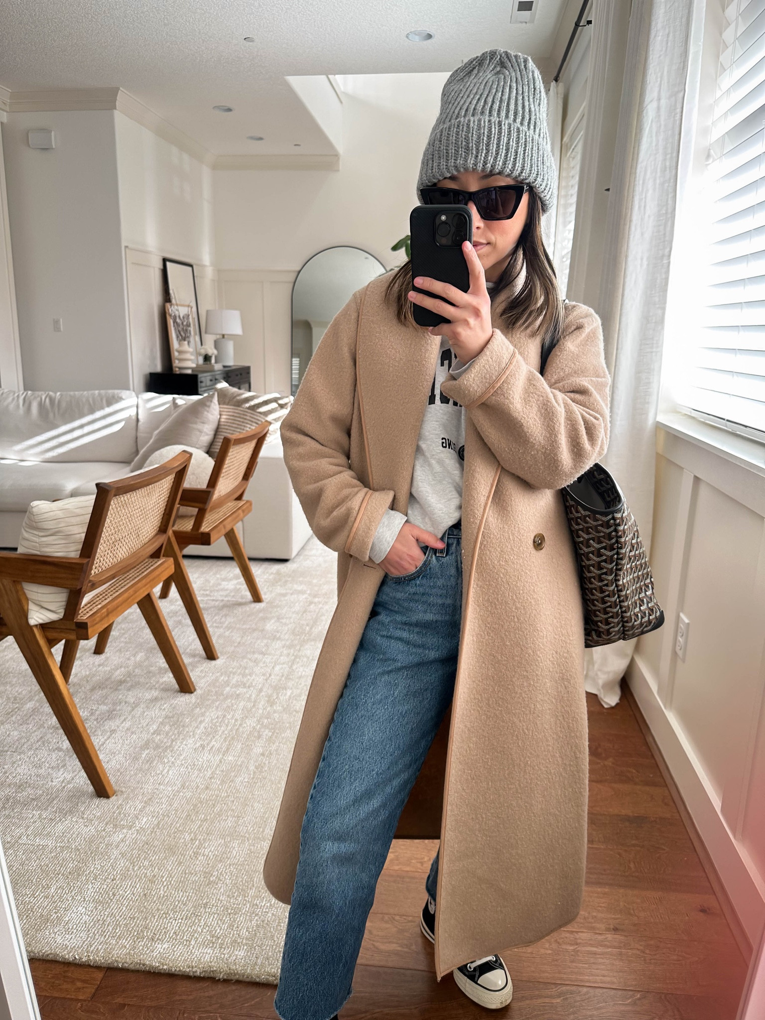 Off duty outfit ideas. Fall neutral outfits. 

Coat - Aritzia xxs style is Charlize. 
Sweatshirt - Anine Bing xs
Jeans - Levi’s 25. These are the ones I sized up in. Also habe these in my regular size. 
Sneakers - converse 5
Bag - Goyard Artois
Beanie - Scoop 
Sunglasses - YSL