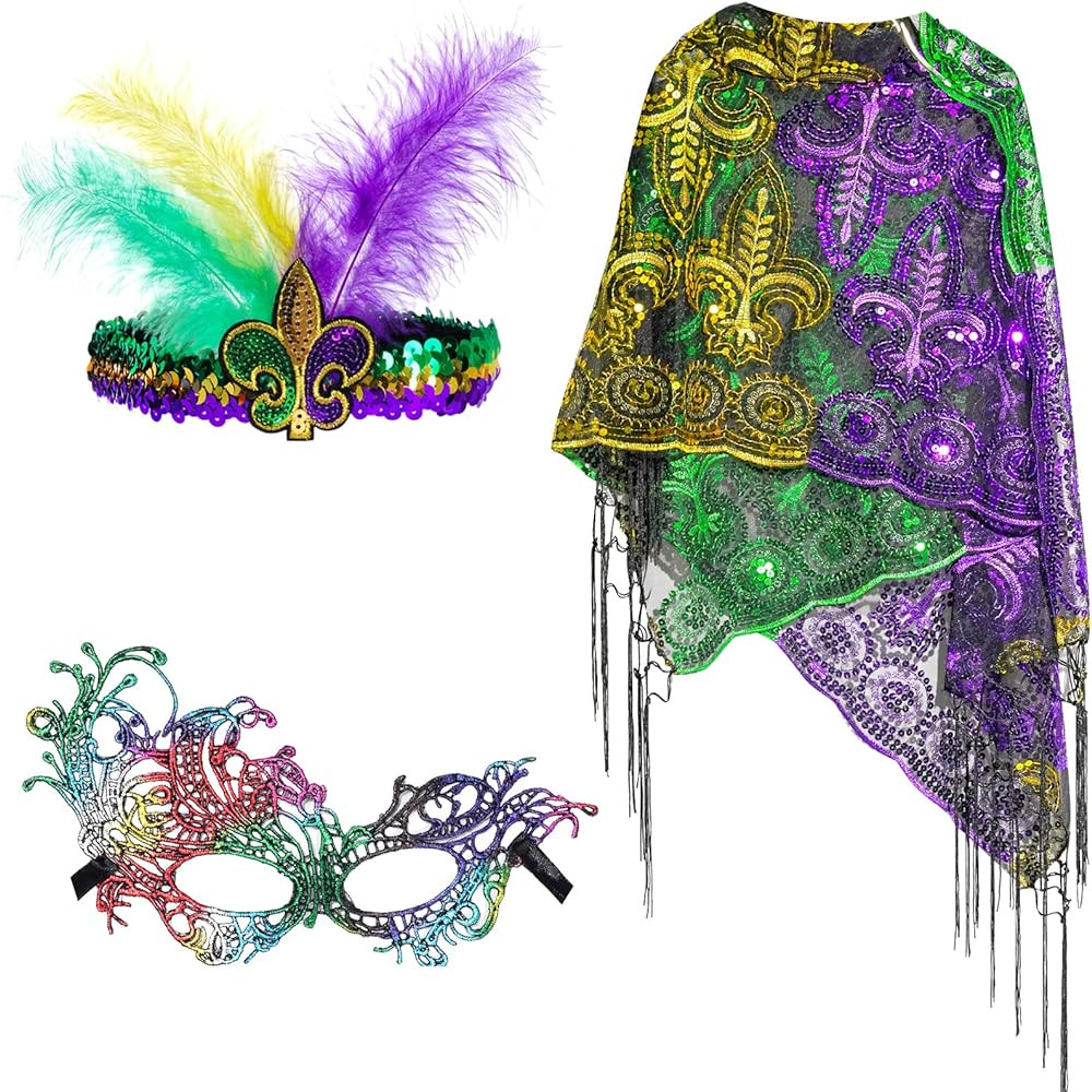 Yolyoo Mardi Gras Shawl Scarf Costume with Mardi Gras Headband Masquerade Party Favor Accessories... | Amazon (US)