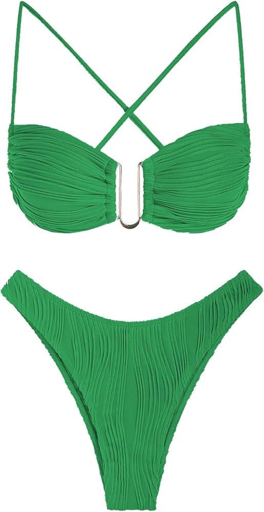 ZAFUL Women's Textured Underwire Bikini Set V Notch High Cut Swimwear Tie Side Ribbed Sexy Swimsu... | Amazon (US)