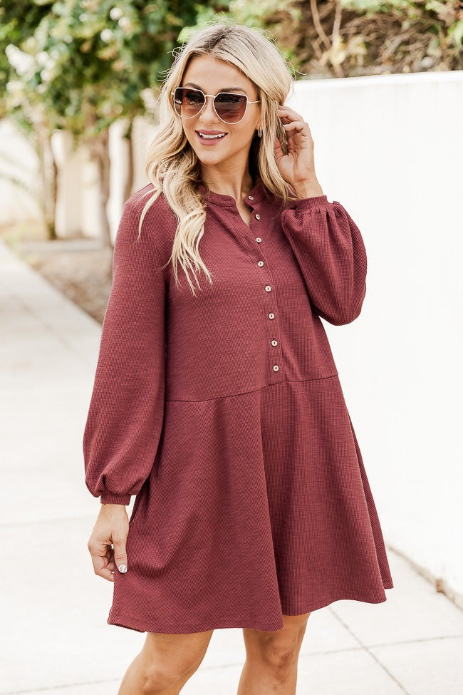 Lasting Daydream Brick Henley Babydoll Ribbed Dress | Pink Lily