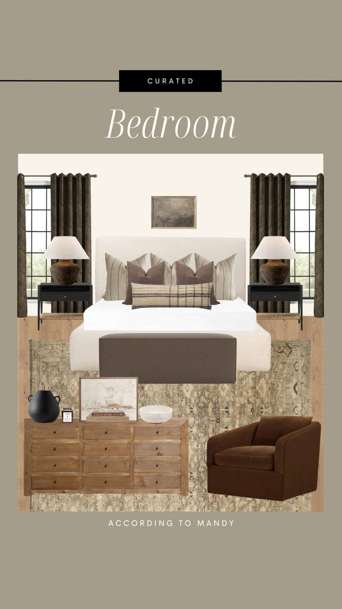 Curated Bedroom! 

bedroom design, bedroom inspo, master bedroom inspo, brown bedroom inspo, bed frame, linen bed frame, lamp, pinch pleat curtains, art piece, sideboard, dresser, velvet chair, accent chair, earthy bedroom inspo, side table, rug

#LTKstyletip #LTKhome