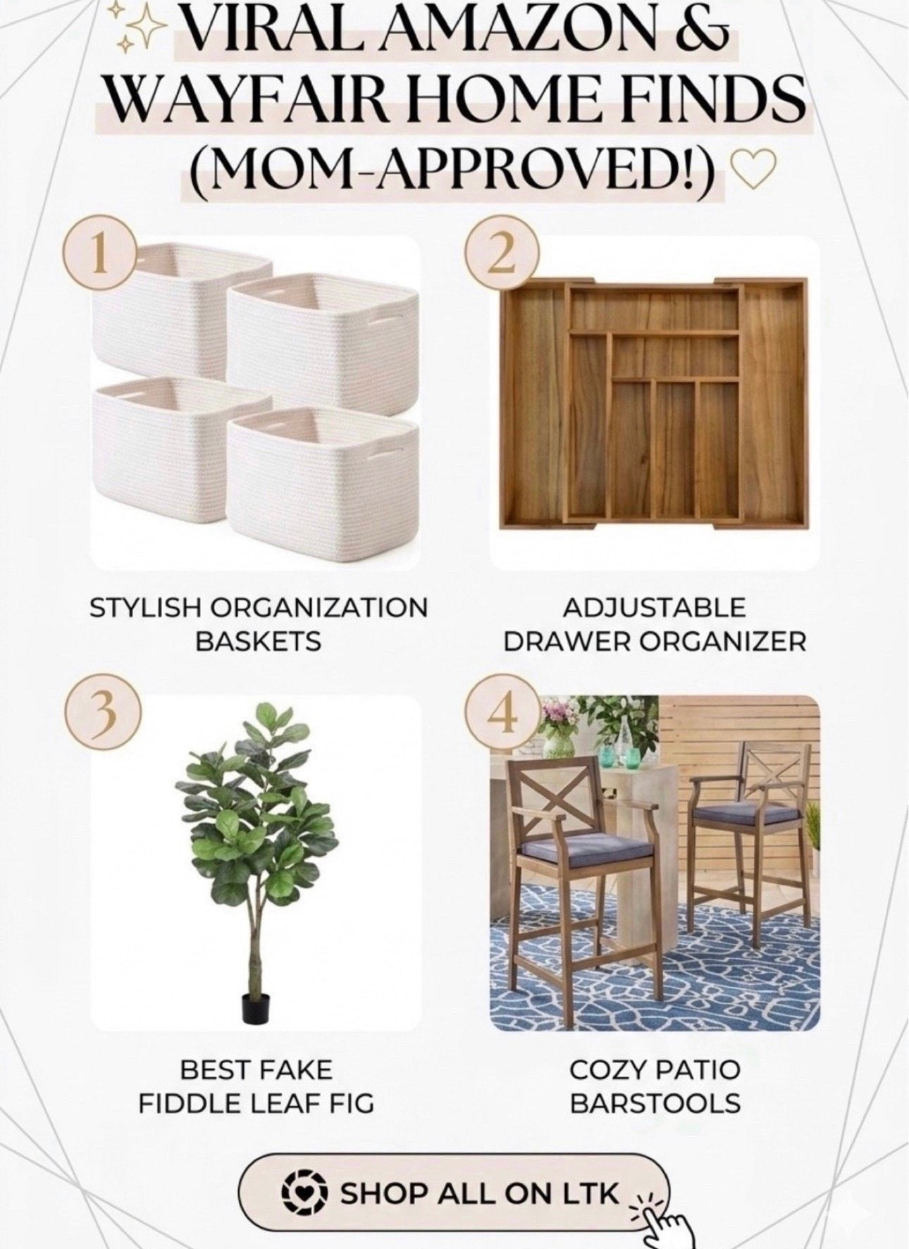 Sharing the top-selling home finds that actually make mom life easier and more stylish! ✨
I’ve rounded up my absolute favorite "tried and true" pieces that are currently trending in my home. From the best kitchen drawer organizer that expands to fit any space, to the woven storage baskets I use for toy rotation and laundry, these finds are the perfect blend of functional and chic.
If you’ve been looking for high-quality home decor on a budget, that faux fiddle leaf fig is a total game changer (no green thumb required!), and the Wayfair barstools are durable enough for the kids but look high-end for hosting.
Shop everything in this post by clicking the products below! 🛍️#LTKorganized #amazonhome #wayfairfinds #homeorganization #momhacks #interiordesign #storageideas #kitchenhacks #affordabledecor