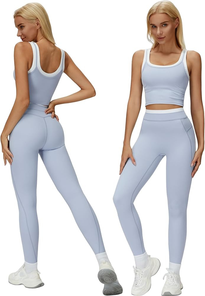 Women 2 Piece Workout Sets Racerback Color Block Tank Tops High Waist Tummy Control Active Leggin... | Amazon (US)