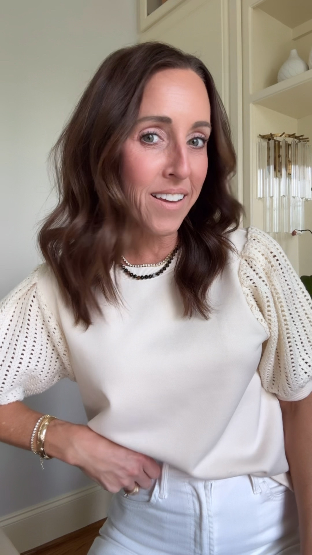 Short sleeve sweatshirt with crochet sleeves. Spring sweatshirt.
Size S. 

#LTKSeasonal #LTKootd #LTKOver40