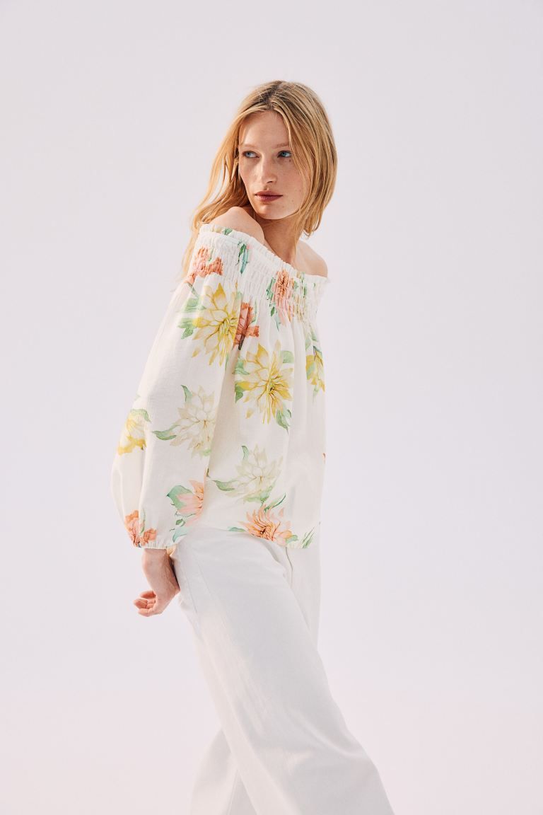 Off-the-shoulder Blouse | White Blouse | Floral Blouse | White Top | Hm Summer | H&M (US + CA)