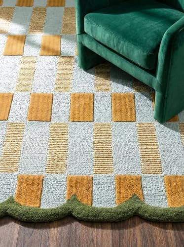 RUGWYN Hand-Tufted Scalloped Wool Area Rug, Modern Plaid Checkered Pattern, Soft & Durable Cozy Accent Rug for Living Room, Bedroom & Nursery, Handmade Decorative Floor Carpet (Light Blue, 2.6' x 15') | Amazon (US)