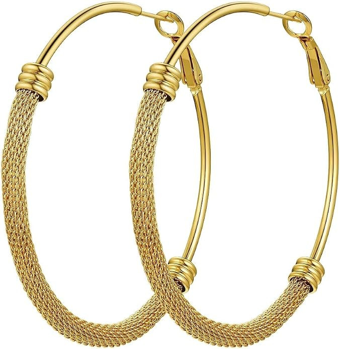 PROSTEEL 14K Gold PLated Hoop Earrings for Women Stainless Steel | Lightweight Hollow Mesh Design... | Amazon (US)
