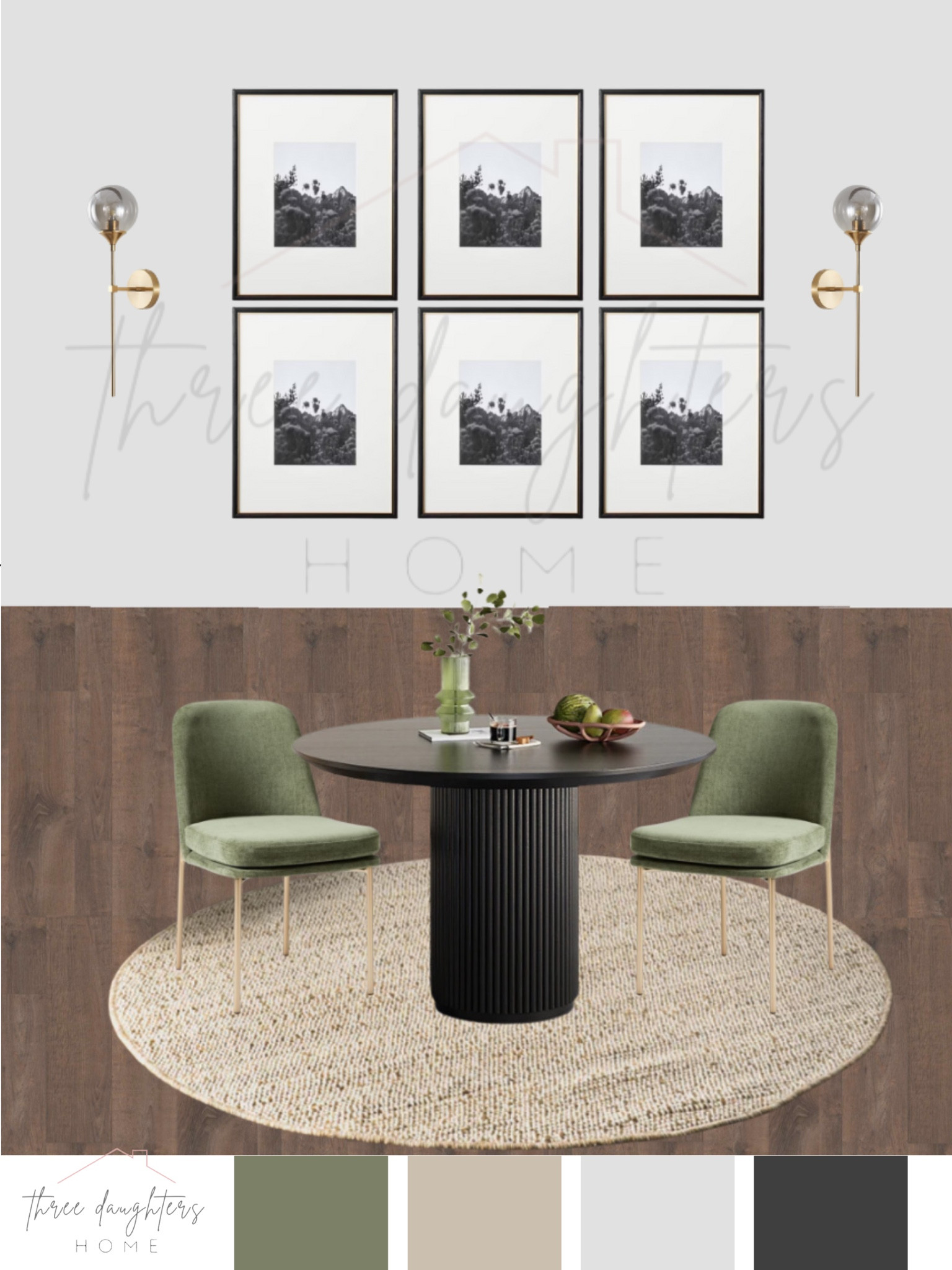 

gallery wall, wall sconces, velvet chairs, green chairs, modern decor, modern style, jute rug, round rug, dining space, small dining table, dining room, wall frames

#LTKStyleTip #LTKHome #LTKFamily