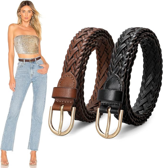 JASGOOD 2 Pack Women Skinny Leather Belts Thin Braided Leather Belts Casual Woven Waist Belt for ... | Amazon (US)