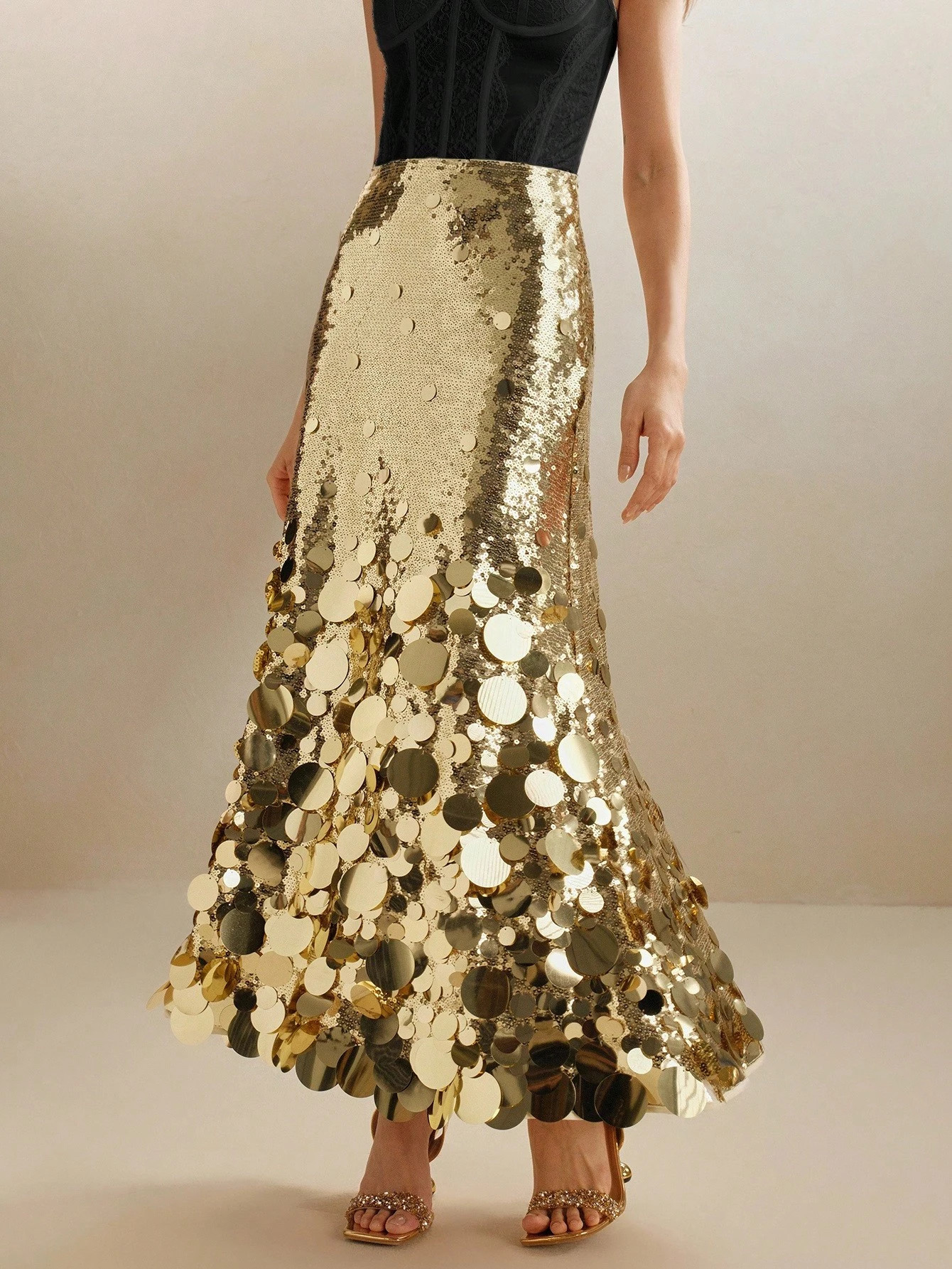 Anewsta Fashionable Gold Sequined Long Skirt For Parties, Christmas | SHEIN