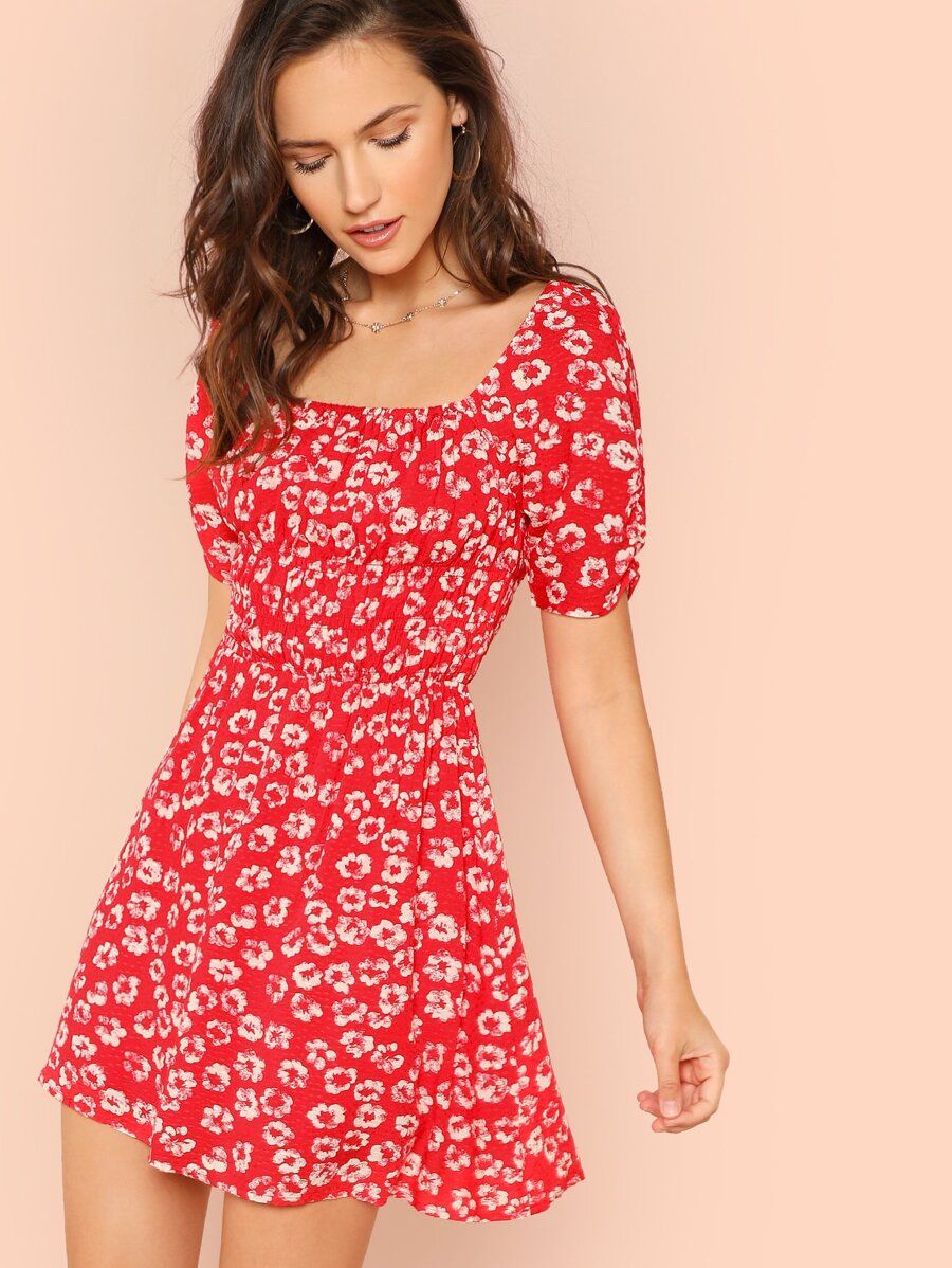 Floral Print Bubble Sleeve Mini Dress | SHEIN