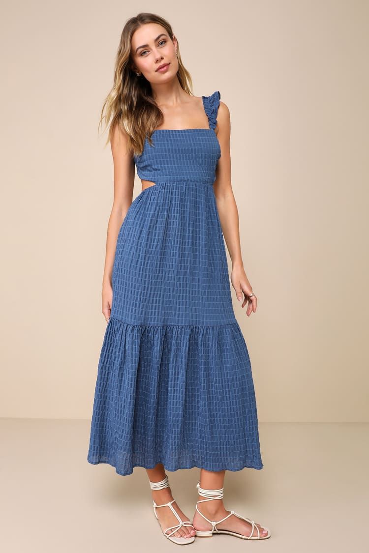 Dreamiest Darling Blue Smocked Tie-Back Tiered Midi Dress | Lulus