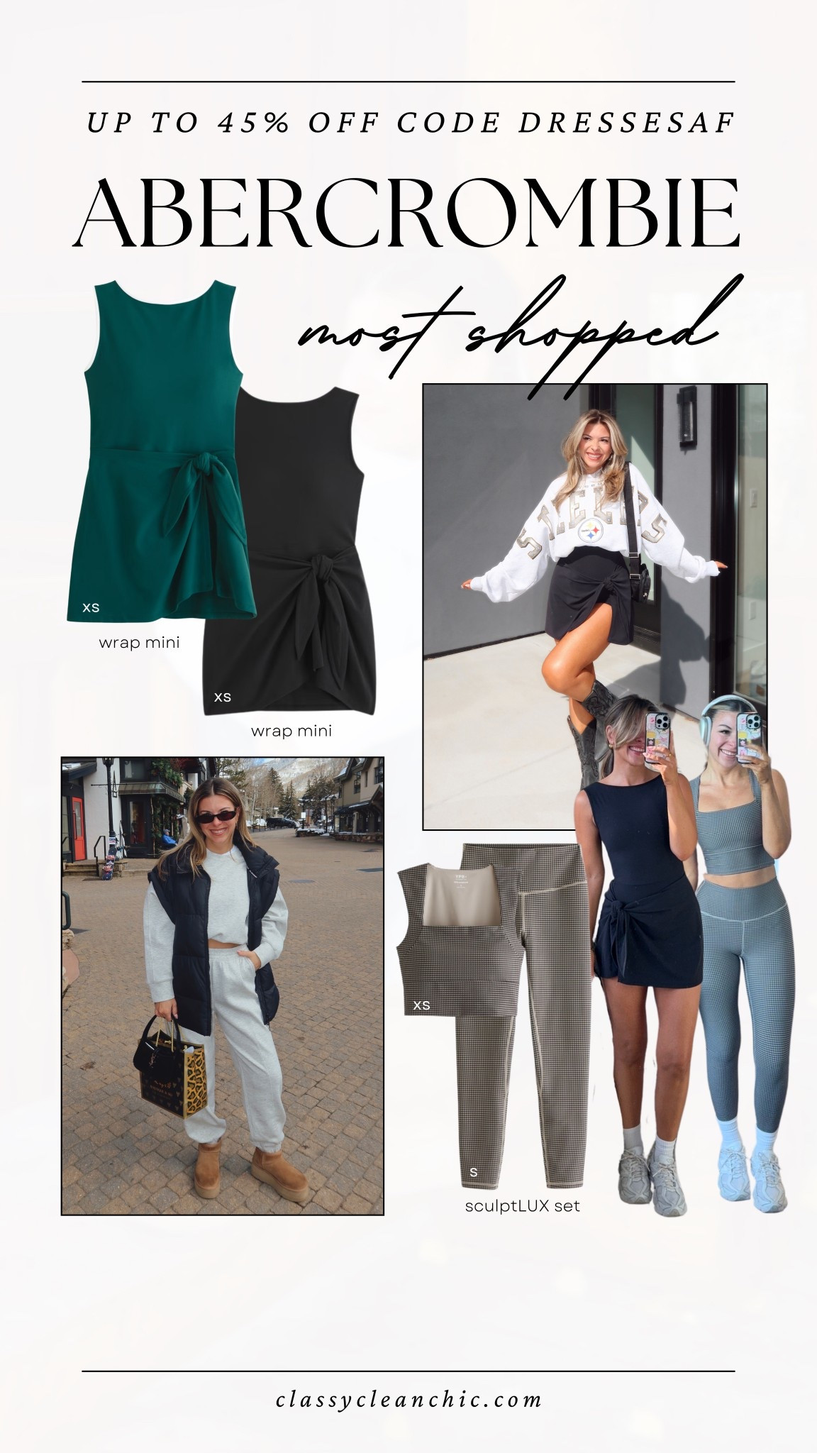 #abercrombiepartner @abercrombie ypb fitness favorites sale up to 45% off with my code mini athletic wrap dress houndstooth workout set and sweat pants and sweat shirt loungewear looks. 

Use code: DRESSESAF

wearing an xs in wrap dress and smalls in everything else  

#LTKActive #LTKFindsUnder100 #LTKSaleAlert