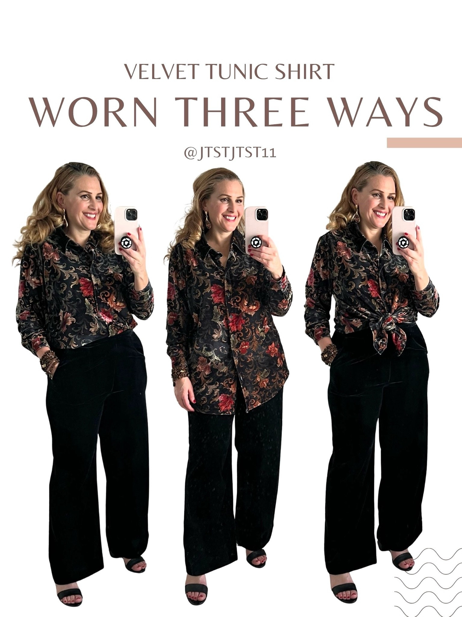 🍁SOFT SURROUNDINGS FALL FASHION: #ad Effortless style made for the season. My velvety outfit will become a staple in your fall wardrobe. @soft_surroundings #softsurroundings

🍁My velvet boyfriend baroque tunic shirt is their best selling big shirt and I can see why! It’s so versatile, I styled it three different ways. I love the luxurious soft stretch velvet and the baroque print. This shirt has all the fall colors!
It features a shirt collar, button placket, long button cuff sleeves and a shirttail hem. Available in size XS-XL. I’m wearing a medium and it fits true to size.

🍁My aria velvet wide leg pants are a must. These best-selling velvet pants deliver lustrous sheen and have a beautiful rich texture. You can wear these pants into the office, for special occasions and holiday celebrations. They are so comfortable and I love that the waistband has stretch!

🍁They feature a flat front waistband, back elastic waist and side-seam pockets. They have a classic fit and are relaxed throughout the leg and sit at your natural waistline. Truly so comfortable! Available in sizes XS-XL. I’m wearing a large and they fit true to size.

🍁Pair this look with the mabel bracelet set. It features five stretchy strands of genuine Tiger’s Eye. Beautiful natural stones for layered styling.

🍁Don’t forget my stella scroll earrings. Lightweight, 2.5 inch resin drop earrings designed in a baroque scroll print. Compliment this shirt perfectly!

🍁Lastly, the Antelope Amelia Textured Sandal is a must! So comfortable and they support your feet. I own these in gold and wear them all the time. They are textured for a softly shimmering effect. This black leather sandal is so chic. Its unique architectural heel gives it a modern look. Love the leather lining and rubber sole too.

🍁You will be stepping into Fall in style with this look!

👉🏼Follow my shop @jtstjtst11 on the @shop.LTK app to shop this post and get my exclusive app-only content!

#liketkit 
@shop.ltk

@Soft Surroundings

#LTKWorkwear #LTKSeasonal #LTKOver40